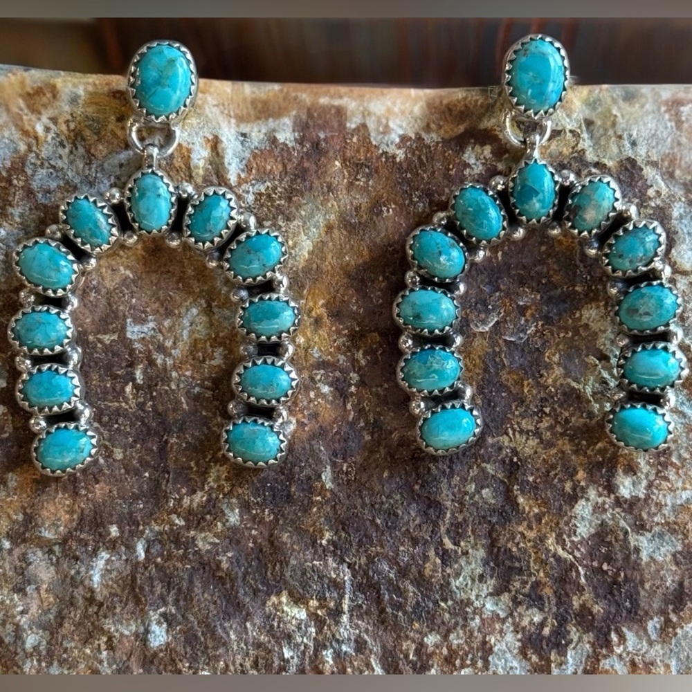 Southwestern Kingman Mines Turquoise Sterling Silver Squash Blossom Earrings